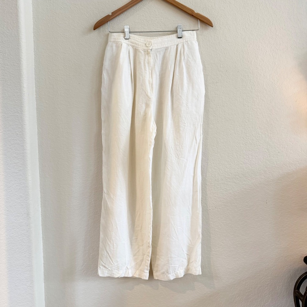 J. London Naturals Cream Linen Wide Leg Pleated Trousers High Waist Womens 26